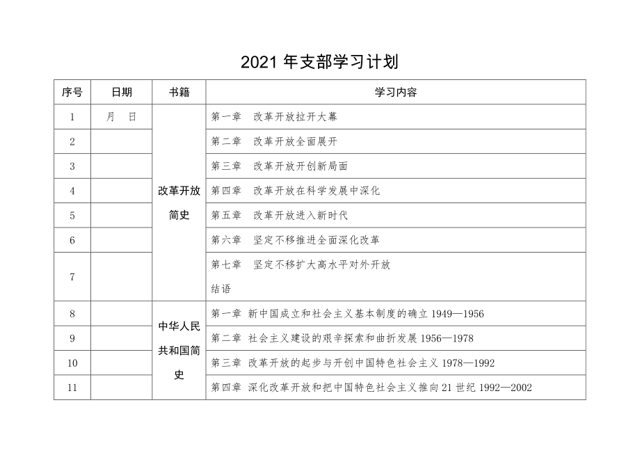 2021年1支部学习计划最新简史学习docx